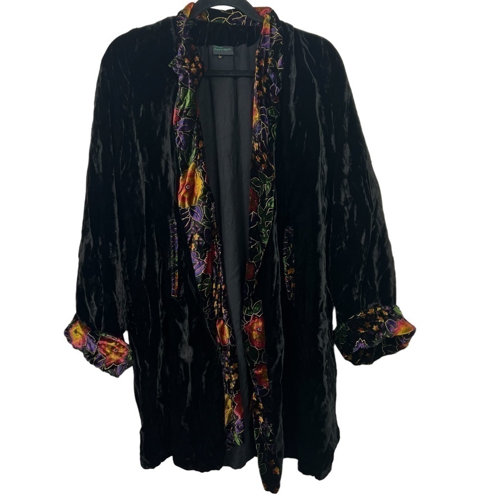 Bingo Asparagus Black Velvet Open Front Embroidered Jacket Medium